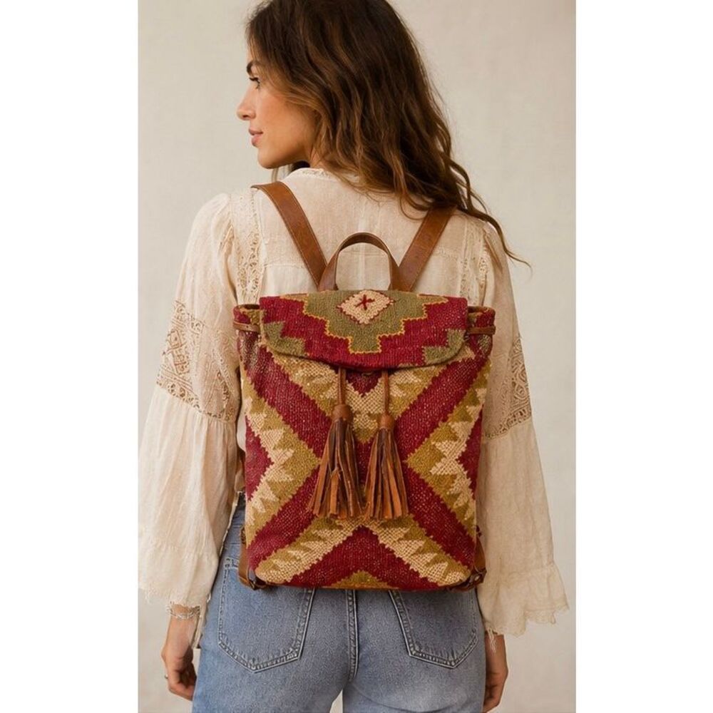 Lovestitch Wine Carpet Backpack Ikat Jute Leather Tassel Boho Festival Bag - Picture 12 of 12
